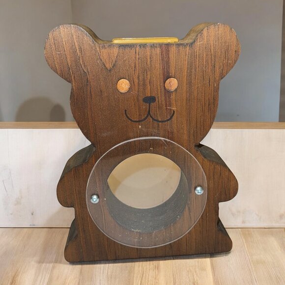 Vintage Wood Teddy Bear Coin Bank Clear Belly - Picture 1 of 3